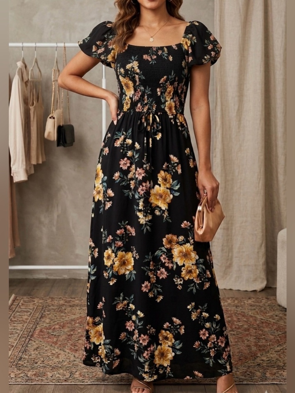 Black Floral Square-Neck Maxi Dress with Puff Sleeves